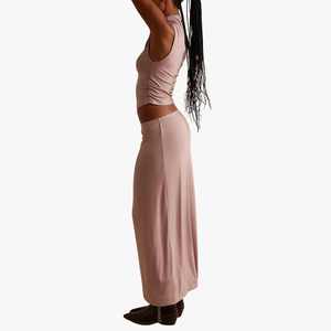 Women's Sleeveless Turtleneck Top With High Waist Midi <b>Skirt</b> Set Solid Color Knitted Spandex Modal Minimalist Style All Seasons - Product Image 4