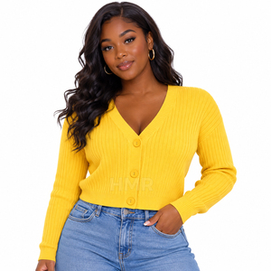 Cardigan en acrylique jaune tricoté à manches longues HMR Sisterhood Sorority, couleur unie, boutonné devant, style décontracté - Product Image 1