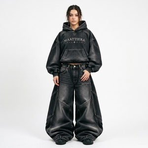 Womens <b>Black</b> Acid Wash Denim Hoodie Tracksuit Set Oversized Baggy Wide Leg Jeans Streetwear Custom Apparel Manufacturer - Product Image 1