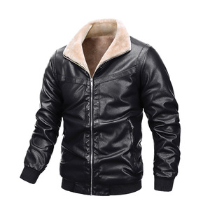 Blouson en cuir polaire pour homme, col montant, en cuir véritable, style motard, épaisseur standard, avec logo frontal, pour l'automne - Product Image 4