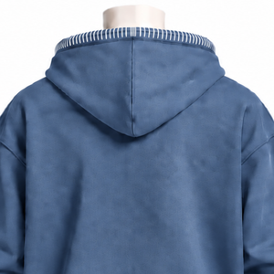 Denim Blue Stitched Border Distressed Pullover <b>Hoodie</b> <b>Oversized</b> Sweatshirt Contrast <b>Stitch</b> Kangaroo Pocket Modern Streetwear Top - Product Image 4