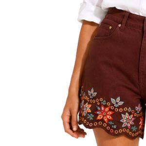 Brown Embroidered Women Denim <b>Shorts</b> High Waist Floral Scallop Hem Cotton Casual Summer <b>Shorts</b> Custom OEM Private Label Fashion - Product Image 3
