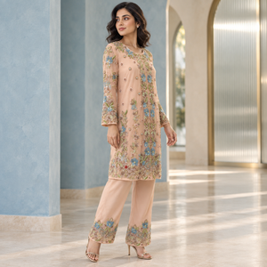 Ensemble tunique élégante brodée de fleurs avec manches longues transparentes et pantalon assorti pour tenue de soirée festive, style ethnique élégant - Product Image 3