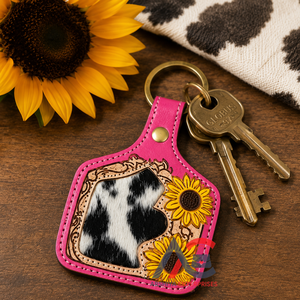 Western Pink <b>Leather</b> Sunflower Cowhide <b>Leather</b> <b>Keychain</b> Hand Tooled <b>Leather</b> Key Fob Handmade Cow Print Key Ring Gift for Women's - Product Image 1