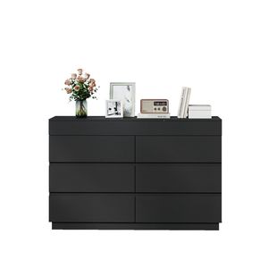 Comò a 6 cassetti con specchio 120x40x85,5 cm, mobile in truciolato goffrato nero con impiallacciatura in melamina - Product Image 1