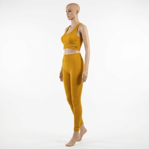 Ensemble de sport pour femme jaune moutarde côtelé : Soutien-gorge de sport et short cycliste taille haute pour yoga, gym, fitness et entraînement - Product Image 3