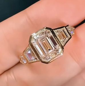 Vintage Art Deco <b>Emerald</b> Cut Moissanite Diamond Engagement <b>Ring</b> Multi Shape Side Stone <b>Silver</b> Plated Bezel Setting Trendy IGI - Product Image 1