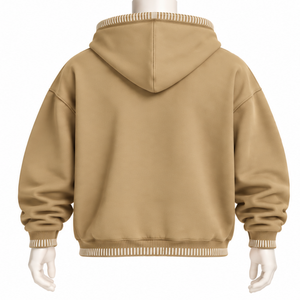 Khaki Stitched Border Distressed Pullover <b>Hoodie</b> <b>Oversized</b> Sweatshirt Contrast <b>Stitch</b> Kangaroo Pocket Casual Streetwear Wear - Product Image 2