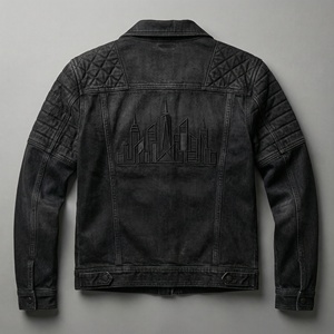 Veste en jean noire de style motard |   Veste en jean matelassée de style moto |   Fabricant de vestes en jean sur mesure avec étiquette privée OEM - Product Image 2