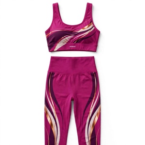 Ensemble de yoga pour femmes Amkoor, 2 pièces, soutien-gorge de sport dos nageur, leggings taille haute pleine longueur, en spandex, imprimé par sublimation, séchage rapide - Product Image 1