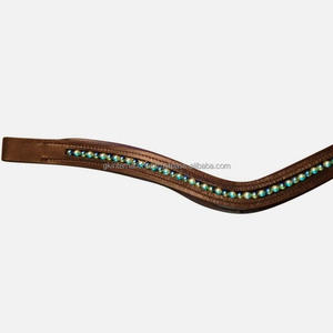 Black & Havana English Saddle cuero caballo ceja banda canal vacío incrustaciones verde redondo pequeños cristales mega Bling cadena - Product Image 2