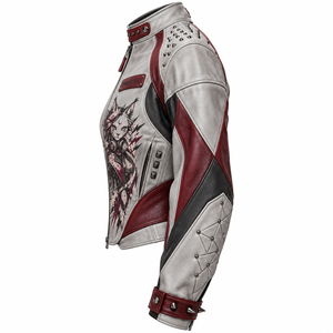 Custom <b>Women</b> Graphic Printed Biker Real Cowhide Leather Jacket Punk Spike White Grey Burgundy <b>Coat</b> OEM ODM Factory Supplier - Product Image 4