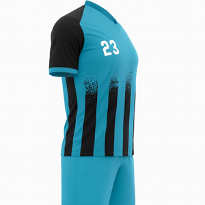 Camiseta de Fútbol para Hombre, Azul y Negro a Rayas, Cuello en V, Manga Corta, Poliéster que Absorbe la Humedad, Ropa Deportiva para Todas las Temporadas - Product Image 1