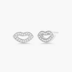 Boucles d'oreilles clous en forme de lèvres en or massif 14K, serties pavé de diamants de laboratoire taille ronde, forme baiser, bijoux fins minimalistes de luxe à fermoir poussoir - Product Image 3