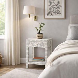 Elegant <b>Storage</b> Bone Inlay Bedside Table Handcrafted Wooden Cabinet For Stylish Bedroom Arrangement - Product Image 5