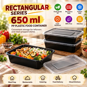 Recipientes Rectangulares de Polipropileno de 650 ml para Comida para Llevar, Grado Alimenticio, con Tapas Transparentes para Contenedores de Comida para Llevar HORECA - Product Image 1
