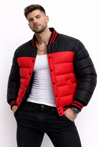 Chaqueta Bomber de Invierno para Hombre, Roja y Negra, Estilo Universitario, con Botones a Presión, Cuello y Puños Acanalados, Corte Ajustado - Product Image 4