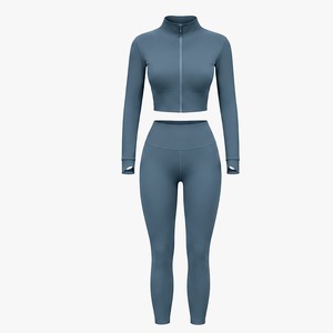 <b>Women</b> Eco-Friendly Solid Two Piece Workout Set Full Zipper Front Seamless Breathable Sports <b>Jacket</b> High Waisted Leggings Gym - Product Image 2