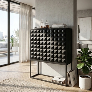 Dice Tall Black Modern Wooden Storage <b>Drawer</b> Cabinet Organizer Featuring Geometric Diamond Pattern Carved Facade Metal Base - Product Image 5