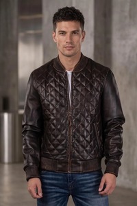 Blouson aviateur en cuir d'agneau véritable marron pour homme, design matelassé, poignets côtelés, vêtement d'extérieur décontracté fait main - Product Image 1