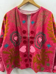 Abrigo Bohemio de Terciopelo Rosa Bordado con Patrón de Paisley en Forma de Corazón, Cuello Redondo, Manga Farol, Talla Grande, Ropa Exterior para Mujer, Ropa de Otoño - Product Image 4