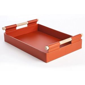 Plateau décoratif rectangulaire moderne en cuir avec poignée, marron, design minimaliste pour la maison ou le bureau - Product Image 3