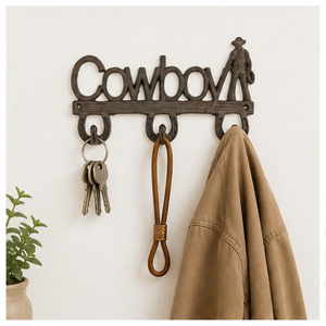 Cast Iron Cowboy Wall Hook Key <b>Holder</b> Rustic Brown Horseshoe Design Heavy Duty Western Decorative Coat & <b>Hat</b> Rack With 3 Hooks - Product Image 2