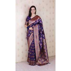 Sari en soie douce Violet Banarasi Jaal avec des écharpes et des châles traditionnels tissés en or Zari Meenakari - Product Image 6