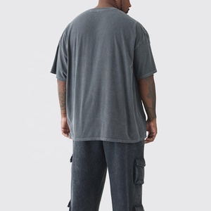 2025 nouveau Style Vintage belle qualité lavé à l'acide plaine gris t-shirt goutte épaule Streetwear lavage à l'acide t-shirt - Product Image 3