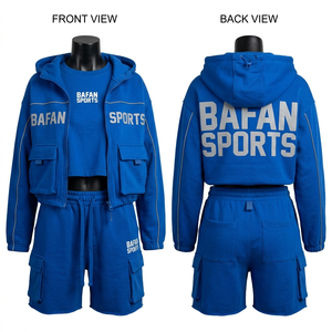 ชุดเสื้อครอปและกางเกงขาสั้นผู้หญิง ผ้าคอตตอนริช พรีเมียม 320 GSM สีน้ำเงิน ระบายอากาศได้ดี พร้อมสกรีนโลโก้ตามสั่ง - Product Image 3