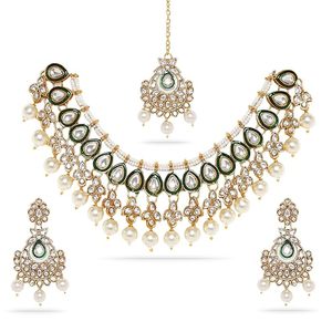 Parure Collier et Boucles d'Oreilles Plaqué Or, Imitation Perles, Cristaux et Strass, Design Géométrique pour Femme, Bijoux de Mariage, Coiffe Nuptiale - Product Image 1