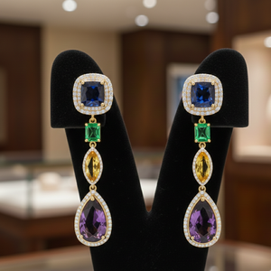Designer Multi Gemstone <b>Earrings</b> with CZ 925 Sterling Silver 18K <b>Gold</b> Plated 6 Inch Long <b>Dangle</b> <b>Earrings</b> Ethnic Jewellery - Product Image 1