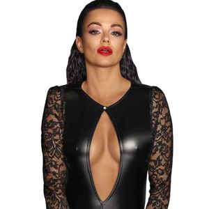 Black PU Leather Bodycon Dress With Lace Long Sleeves Deep V Neck Cut-Outs Fitted Sexy Party Wear - Product Image 5