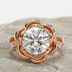 10K Gold Floral Halo Round Cut Diamond <b>Ring</b> Flower Inspired Engagement <b>Ring</b> Vintage Luxury <b>Statement</b> <b>Ring</b> - Product Image 5