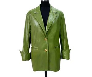 Blouson de moto homme en cuir PU vert, col mandarin, simple boutonnage, manches classiques, formel, automne, logo avant ajustable - Product Image 1
