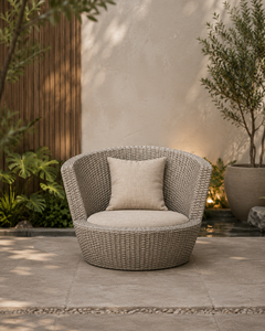 Chaise de jardin contemporaine en osier avec coussin, mobilier d'extérieur beige, design rond, pour patio et loisirs - Product Image 2