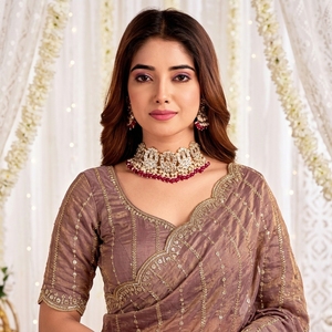 AARA Fashion Sari indien traditionnel en soie pour femme, tenue de mariage, broderie or et violet, coupe classique, longueur ras du sol, protection solaire - Product Image 3