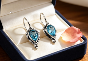 Pendientes de Plata de Ley 925 con Topacio Azul, Diseño Vintage de Gota de Agua, Joyería para Uso Diario de Mujer - Product Image 3
