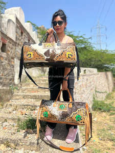 New Real Handmade Vintage Style <b>Tooled</b> Cowhide Fur <b>Leather</b> Duffel Bags Western Unisex Cowhide <b>Leather</b> Fringe Large Travel Bags - Product Image 4