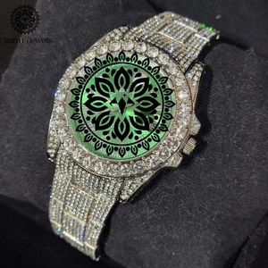 Montre de luxe Charm Jewells en acier inoxydable, cadran mandala vert incrusté de diamants, mouvement mécanique analogique, montre de mode pour homme - Product Image 3