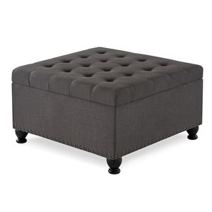 Tavolino da Caffè Grigio Scuro Imbottito con Bottoni e Finiture a Chiodi, Grande Pouf Quadrato con Vano Contenitore e Gambe in Legno per Soggiorno - Product Image 4
