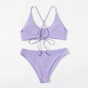 Customized Women's Purple-Ribbed <b>Bikini</b> Set Crossed-Halter Top With Drawstring-Hipster Bottoms Two Piece Swimwear - Product Image 4