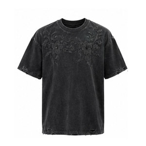 T-shirt décontracté à col rond avec motif de points texturés élégant, coupe confortable, vêtement tendance pour tous les jours, broderie effet vieilli, 100 % coton - Product Image 1