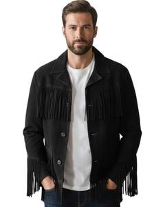 <b>Men's</b> Black <b>Suede</b> Leather <b>Jacket</b> With Fringe Turn-down Collar Casual Autumn Style Regular Fit Single Breasted - Product Image 1