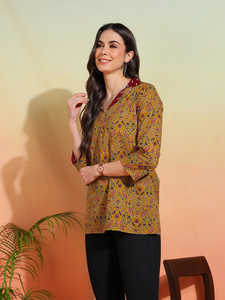 Colección de Blusas con Estampado Ajrakh de Algodón y Kurta Anarkali con Estampado Ikat, Cuello con Solapa, Manga Tres Cuartos, Ropa Étnica para Mujer - Product Image 6