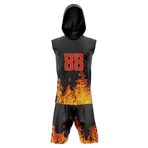 Blaze Boys 7v7 Football Uniform Sleeveless Hooded Jersey Matching Shorts Sublimated Flame <b>Art</b> Custom Team Name Player Number <b>Set</b> - Product Image 1