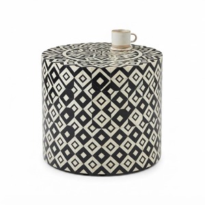 Mesa Auxiliar de Tambor con Incrustaciones de Hueso Blanco y Negro, Mesa de Centro de Resina con Patrón Geométrico, Taburete Decorativo para Sala de Estar y Hotel - Product Image 1