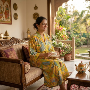 Kimono de Algodón Amarillo con Estampado Floral de Primera Calidad |   Bata de dormir de manga larga con cuello en V para mujer |   Bata Ajustada con Cordón de Alta Calidad, Diseño Exclusivo - Product Image 6