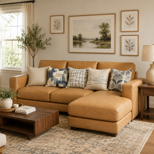 Sofá Seccional de Cuero Genuino Color Coñac de Lujo con Chaise Longue, Estilo Moderno de Mediados de Siglo, en Forma de L para Sala de Estar, Muebles para el Hogar - Product Image 1
