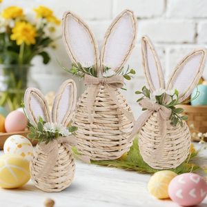 Set of 3 Neutral Easter Decor for Home Table Centerpieces Rattan Bunny with Flowers Easter Decorations - Product Image 4